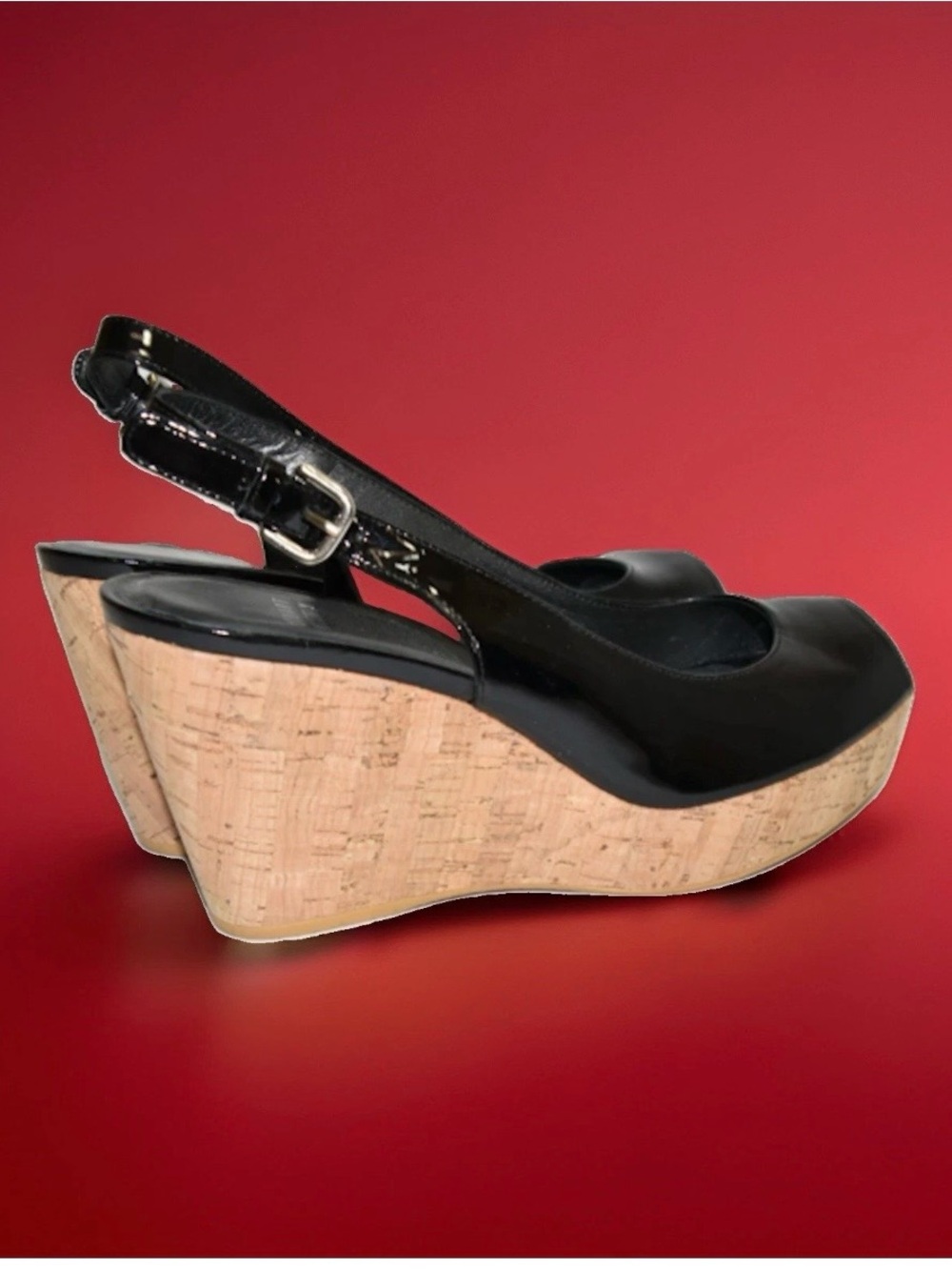 Stuart Weitzman Black Patent Leather Cork Wedge Slingbacks